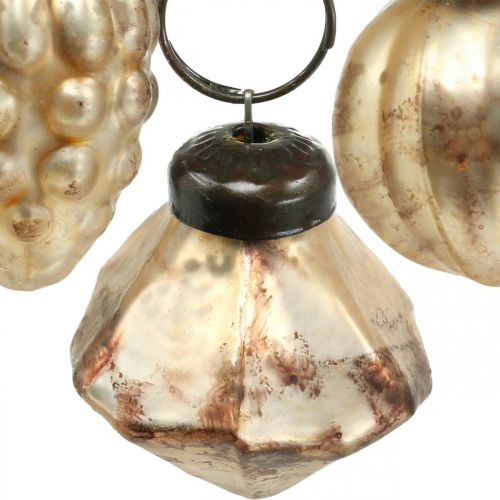 Floristik24 Mini glaskula mix, diamant / kula / kon, träddekorationer, antik look Ø3–3,5cm H4,5–5,5cm 9st