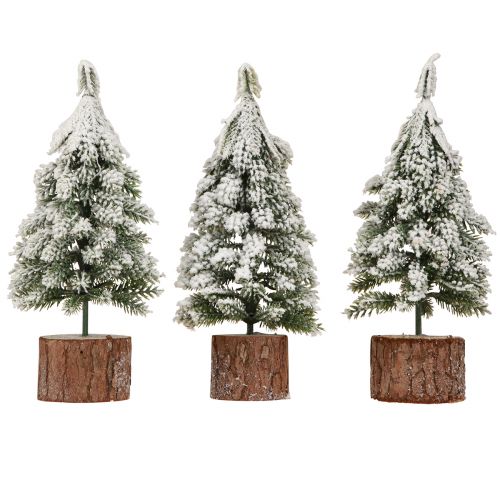 Artikel Mini julgran träfot grön vit Ø8cm H18cm 3st