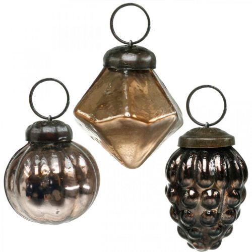 Floristik24 Mini julkulor, diamant / kula / kon, glashängen blanda antik look Ø3–3,5cm H4,5–5,5cm 9st