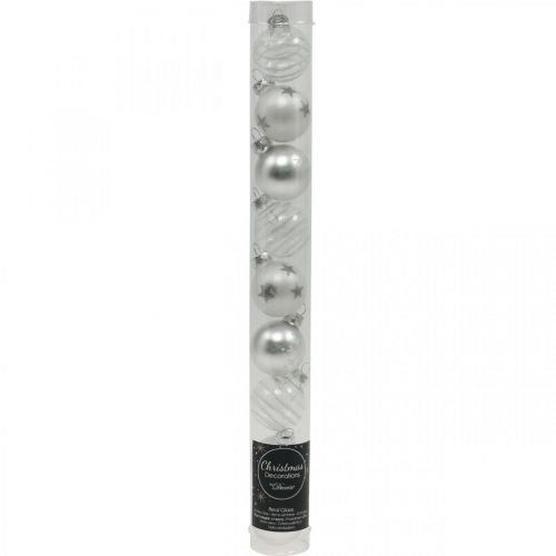 Artikel Mini julkulor vita, silver äkta glas Ø3cm 9 st