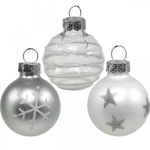 Artikel Mini julkulor vita, silver äkta glas Ø3cm 9 st
