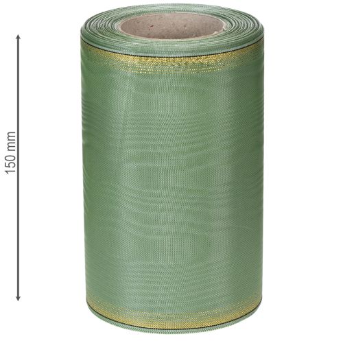 Artikel Moiré kransband salviagrönt med guldkant, 150mm x 25m, dekorativt band för blomsterdekorationer och kransar