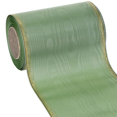Floristik24 Moiré kransband salviagrönt med guldkant, 150mm x 25m, dekorativt band för blomsterdekorationer och kransar