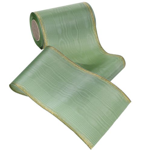 Artikel Moiré kransband salviagrönt med guldkant, 150mm x 25m, dekorativt band för blomsterdekorationer och kransar