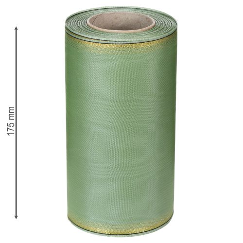 Artikel Moiré kransband salviagrönt med guldkant - 175mm x 25m - dekorativt band för blomsterdekorationer och fester