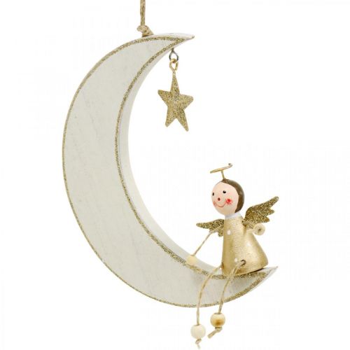 Floristik24 Adventsdekoration, ängel på månen, trädekoration för upphängning av vit, gyllene H14,5cm B21,5cm 3 st.