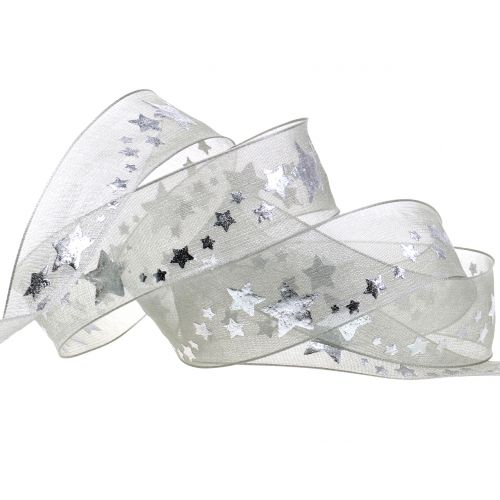 Floristik24 Dekorband organza med stjärnmotiv grå 25mm 20m