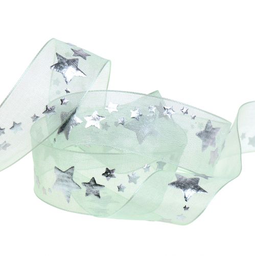Floristik24 Dekorativ bandorganza med stjärnmotiv ljusgrön 25mm 20m
