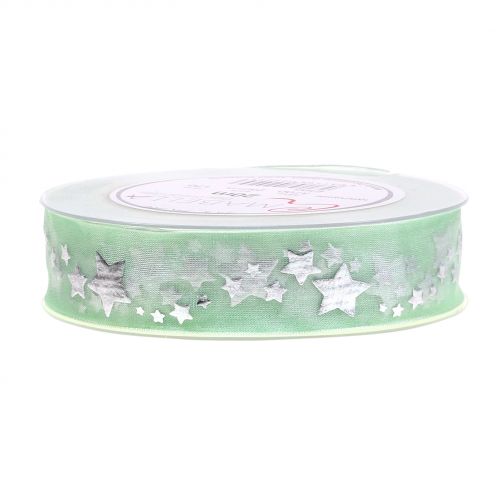 Floristik24 Dekorativ bandorganza med stjärnmotiv ljusgrön 25mm 20m