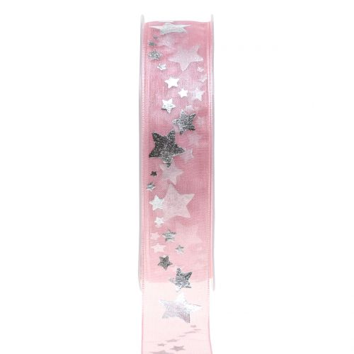 Floristik24 Dekorativ bandorganza med stjärnmotiv rosa 25mm 20m