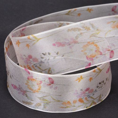 Artikel Organzaband, chiffongband, blommigt, orange/rosa, 40 mm, 15 m