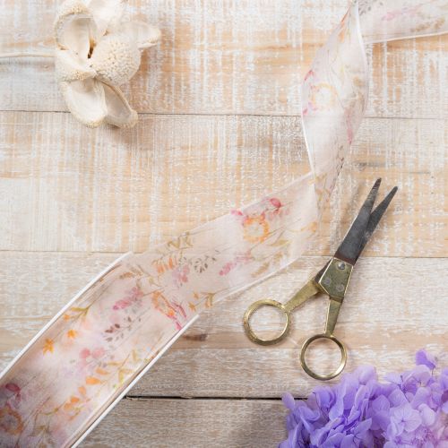 Artikel Organzaband, chiffongband, blommigt, orange/rosa, 40 mm, 15 m