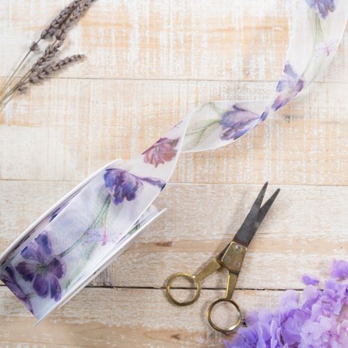 Artikel Organzaband, chiffongband, papegojtulpaner, lila, 40 mm, 18 m