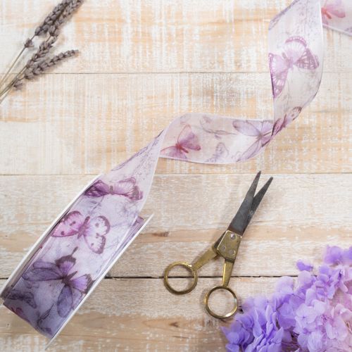 Artikel Organzaband, chiffongband, fjärilar, lila, 40 mm, 18 m