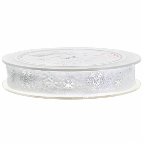 Floristik24 Organza band med snöflingvitt 15mm 20m