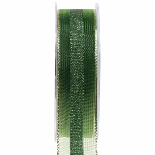 Floristik24 Organzaband med ränder mönster grönt 25mm 20m