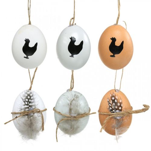 Påskdekoration, kycklingägg för upphängning, dekorativa ägg fjäder och kyckling, brun, blå, vit set om 6