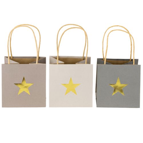 Floristik24 Papperspåsar med stjärna och handtag, grå blandade, 12×12×12 cm, 9 st