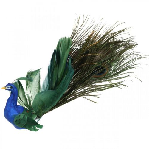 Paradisfågel, påfågel att klämma fast, fjäderfågel, fågeldekoration blå, grön, färgglad H8,5 L29cm