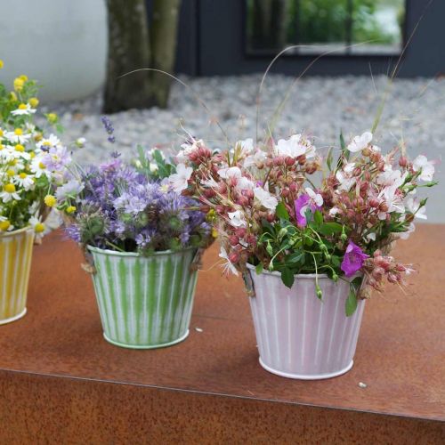 Artikel Växthink, metallkruka med handtag, dekorativ planteringskruka för plantering rosa/grön/gul shabby chic Ø12cm H10cm set om 3