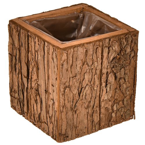 Fyrkantig träkruka med tallbark och kruka 12×12 cm