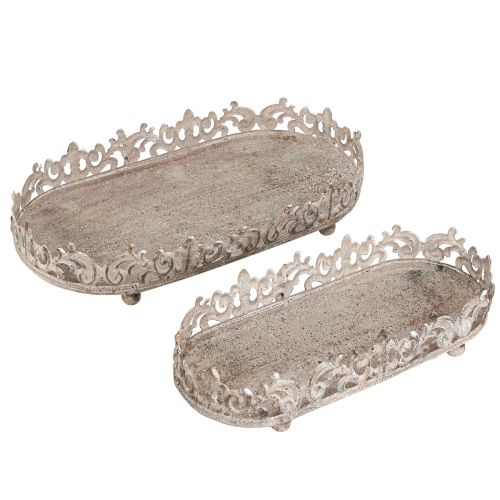 Floristik24 Dekorativ bricka oval antik look grå rost 26/21cm set med 2 delar