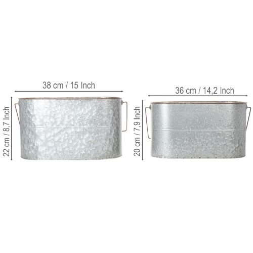 Artikel Kruka med handtag, metallkruka, planteringslåda, silver, brun, H22/20cm L42/40cm, set om 2