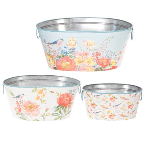 Planteringsskålar, vårblomma, krukor för blommor/fåglar, oval metallbehållare L39/31/24,5 cm, set om 3 | Floristik24.se