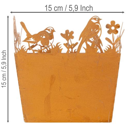 Metallkruka med fåglar, planteringslåda, fjäder, rostfri yta, 15,5 cm hög | Floristik24.se
