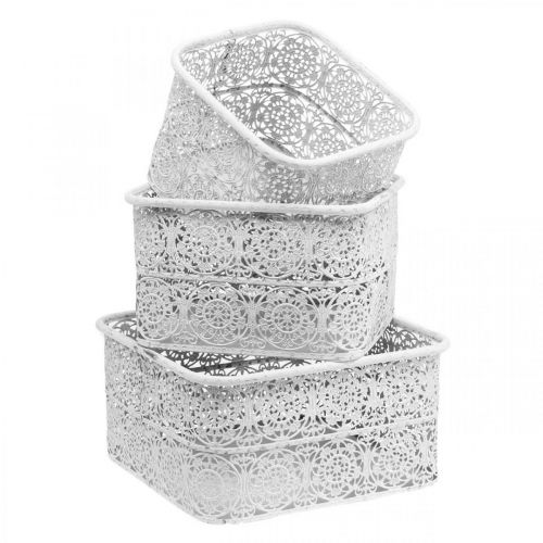 Artikel Metallskålar spetsmönster, fyrkantigt dekorativt kärl, shabby chic, vit 27/23/19cm H13,5cm set om 3