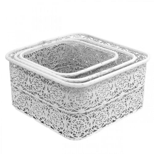 Artikel Metallskålar spetsmönster, fyrkantigt dekorativt kärl, shabby chic, vit 27/23/19cm H13,5cm set om 3