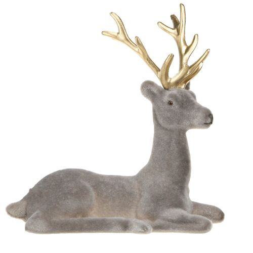 Sittande hjortdekoration flockad gråguld 15×6×15,5 cm