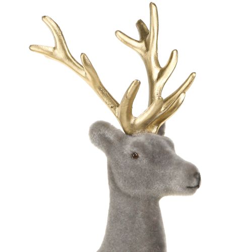 Artikel Sittande hjortdekoration flockad gråguld 15×6×15,5 cm