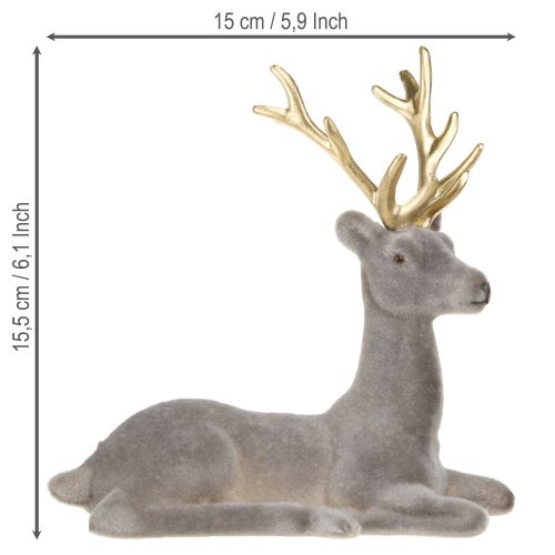 Artikel Sittande hjortdekoration flockad gråguld 15×6×15,5 cm