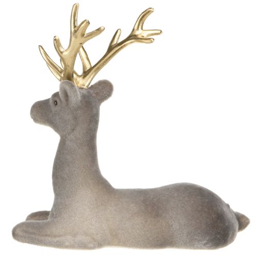 Artikel Sittande hjortdekoration flockad gråguld 15×6×15,5 cm