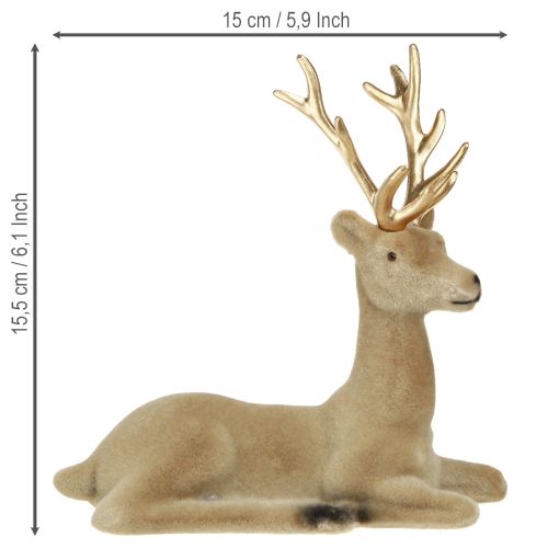 Artikel Sittande hjortdekoration flockad ljusbrun 15×6×15,5 cm