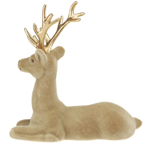 Artikel Sittande hjortdekoration flockad ljusbrun 15×6×15,5 cm