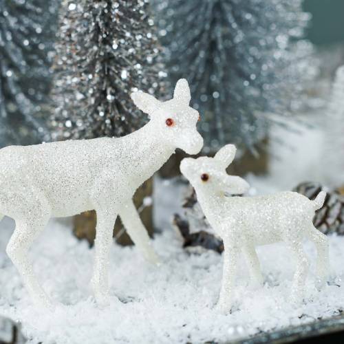Floristik24 Rådjur med fawn 10cm vit med glimmer