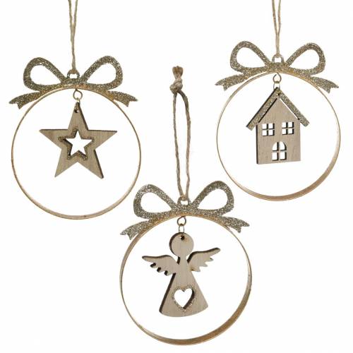 Dekorativ hängare julgranskula med stjärna, ängel och husmetall, trä Ø8,5cm H11cm 3st