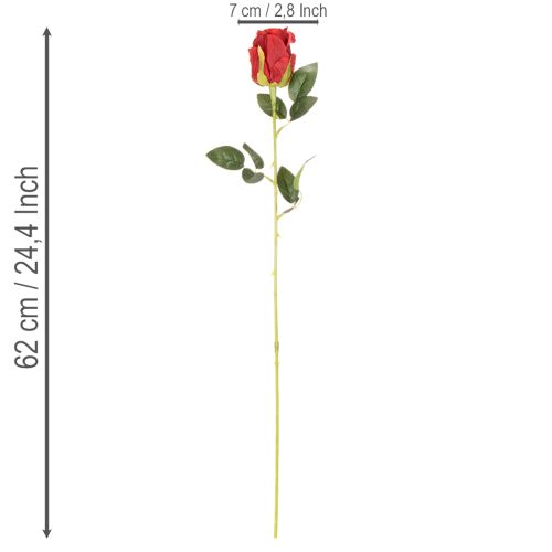 Konstgjord ros med lång stjälk, röd konstgjord blomma, 62 cm, 12 stycken | Floristik24.se