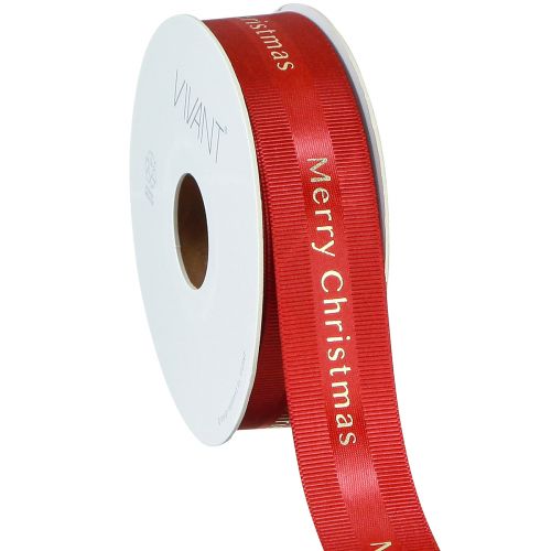 Artikel Rött julband med guld &quot;Merry Christmas&quot; bokstäver, bredd 25mm, längd 20m