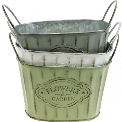 Floristik24 Blomkruka av metall växtskål med handtag grön, vit, grå L24cm H14,5cm 3st