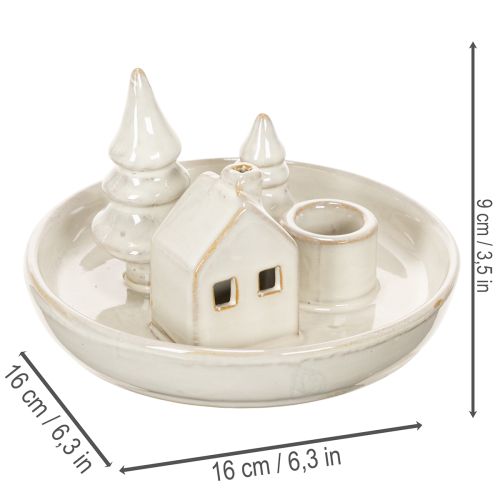 Dekorativ ljusstake i keramik med hus och träd, 16 cm | Floristik24.se