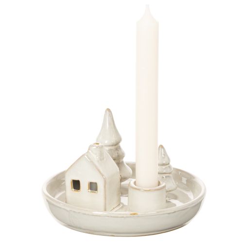 Dekorativ ljusstake i keramik med hus och träd, 16 cm | Floristik24.se