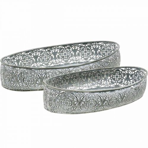 Floristik24 Dekorativ skål metallmönster grå oval L36cm/33,5cm set om 2