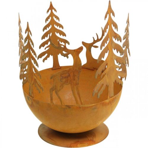 Metallskål med rådjur, skogsdekoration för advent, dekorativt kärl rostfritt stål Ø25cm H29cm