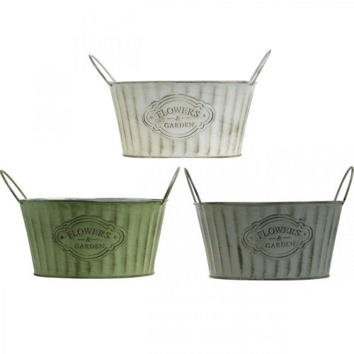 Floristik24 Plantskål i metall, vårblomkruka, planteringskruka med handtag grön, vit, grå Ø21cm H15,5cm set om 3