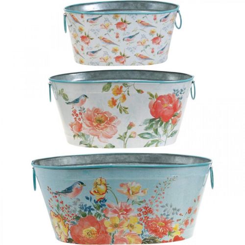 Artikel Växtskålar, vår, kruka med blommor/fåglar, oval metallbehållare L39/31/24,5 cm, set om 3