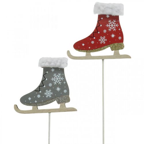 Floristik24 Dekorativa skridskor, juldekoration, träpluggar grå, röda L32cm 8 stycken