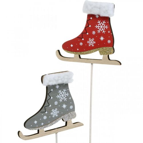 Floristik24 Dekorativa skridskor, juldekoration, träpluggar grå, röda L32cm 8 stycken